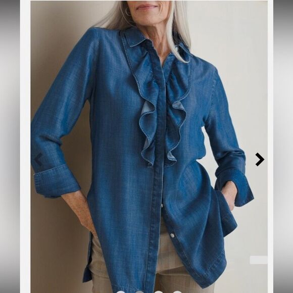 Chico's Ruffle Denim Chambray Long Sleeve Tunic Top Size 12/14 - Picture 1 of 8